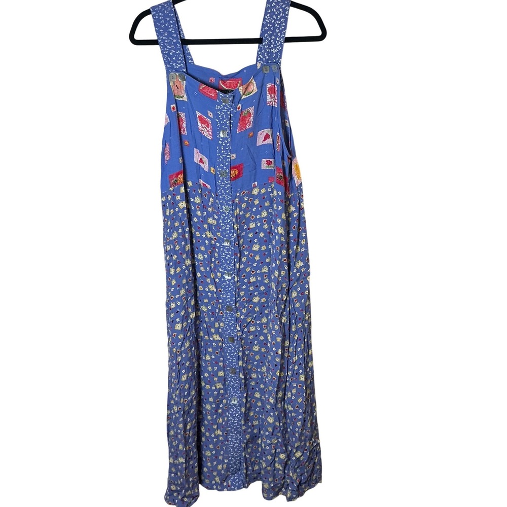 Vintage Twyla Blu Petite L Blue Fruit Floral Rayon Maxi Jumper Dress 90s Whimsy